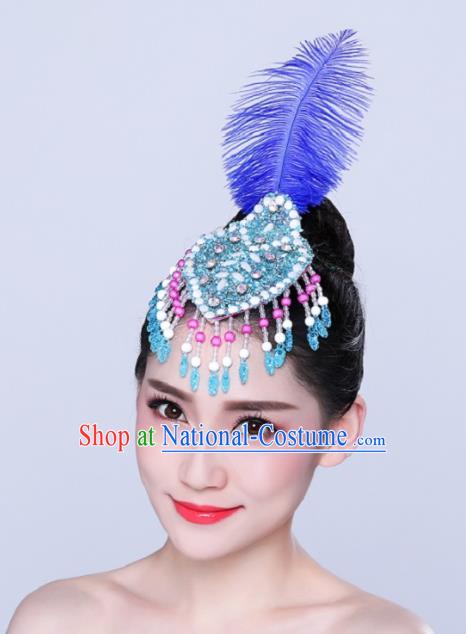 China Woman Group Dance Headpiece Mongol Nationality Dance Royalblue Feather Hair Stick Yangko Dance Hair Accessories