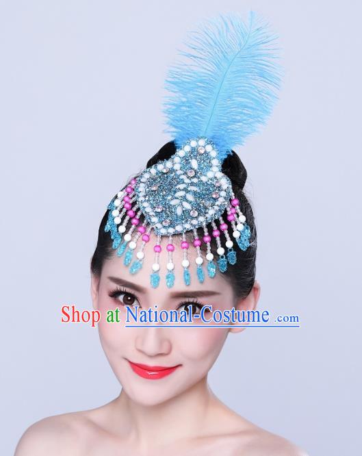 China Yangko Dance Hair Accessories Woman Group Dance Headpiece Mongol Nationality Dance Blue Feather Hair Stick