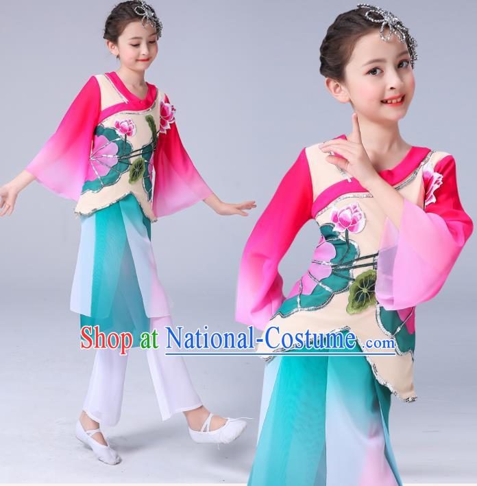 China Girl Stage Performance Dancewear Umbrella Dance Clothing Lotus Dance Outfits Children Classical Dance Costumes