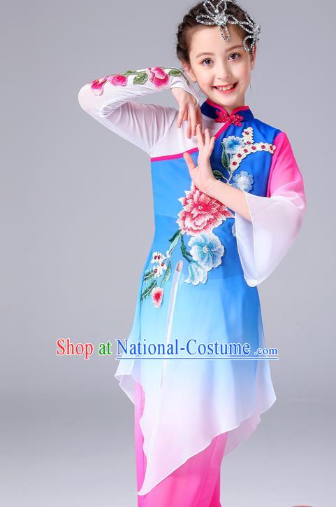 China Children Classical Dance Costumes Girl Stage Performance Dancewear Umbrella Dance Clothing Peony Dance Blue Outfits