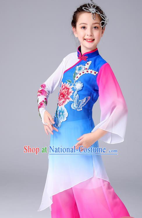 China Children Classical Dance Costumes Girl Stage Performance Dancewear Umbrella Dance Clothing Peony Dance Blue Outfits