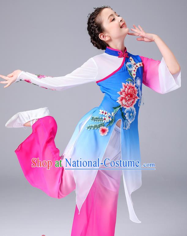 China Children Classical Dance Costumes Girl Stage Performance Dancewear Umbrella Dance Clothing Peony Dance Blue Outfits