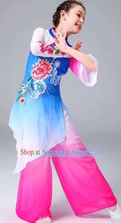 China Children Classical Dance Costumes Girl Stage Performance Dancewear Umbrella Dance Clothing Peony Dance Blue Outfits