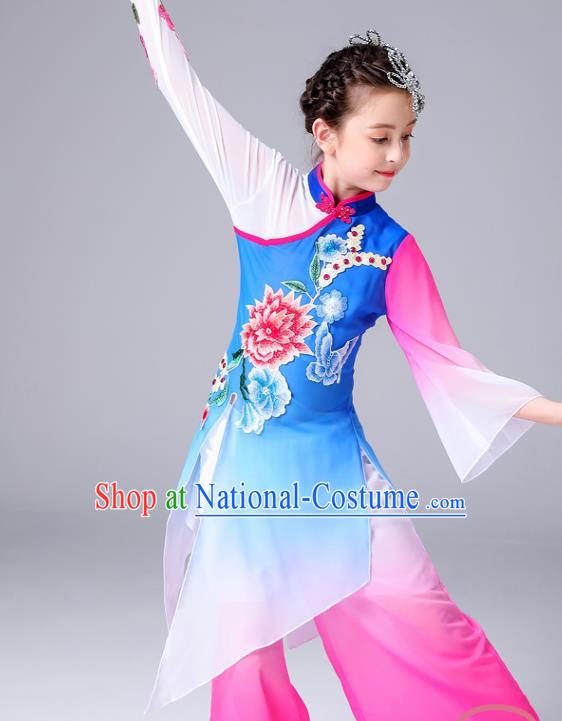 China Children Classical Dance Costumes Girl Stage Performance Dancewear Umbrella Dance Clothing Peony Dance Blue Outfits