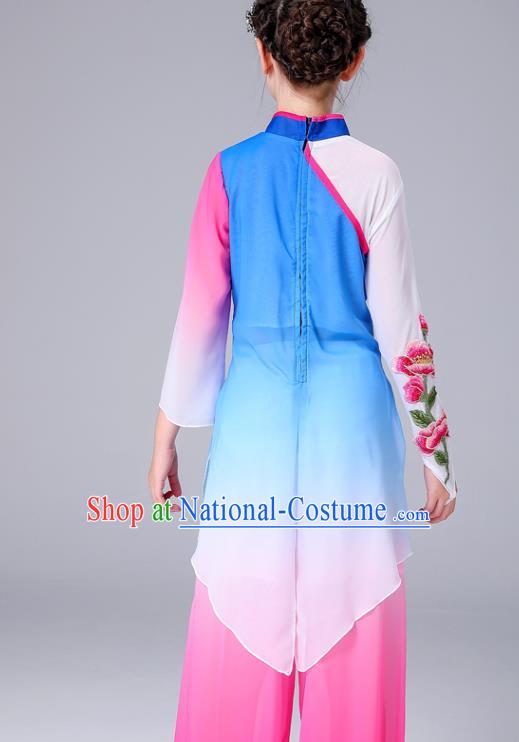 China Children Classical Dance Costumes Girl Stage Performance Dancewear Umbrella Dance Clothing Peony Dance Blue Outfits