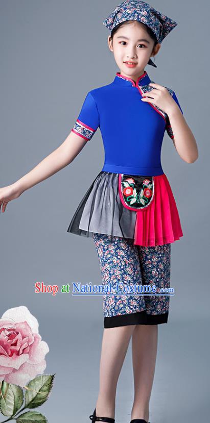 Chinese Village Girl Dance Dress Yangge Performance Clothing Children Yangko Dance Blue Uniforms Folk Dance Costumes