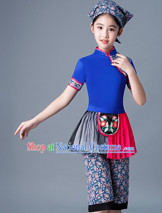 Chinese Village Girl Dance Dress Yangge Performance Clothing Children Yangko Dance Blue Uniforms Folk Dance Costumes