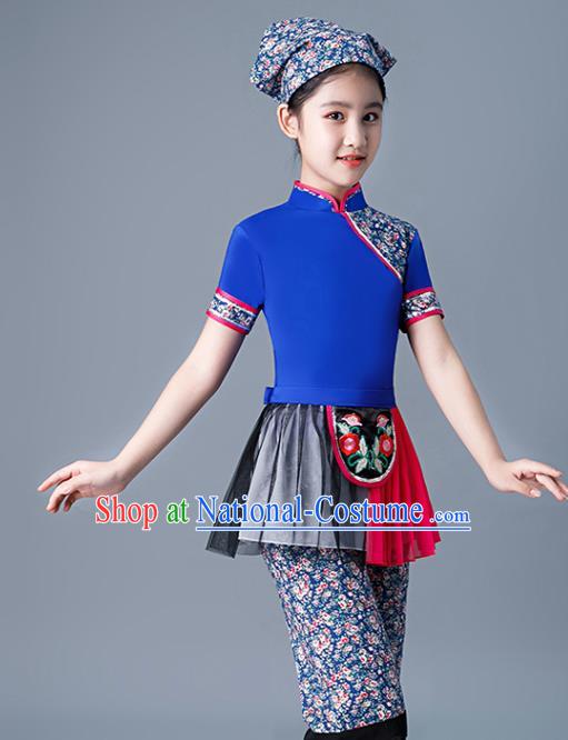 Chinese Village Girl Dance Dress Yangge Performance Clothing Children Yangko Dance Blue Uniforms Folk Dance Costumes