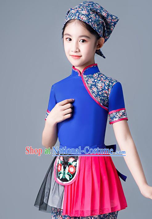 Chinese Village Girl Dance Dress Yangge Performance Clothing Children Yangko Dance Blue Uniforms Folk Dance Costumes