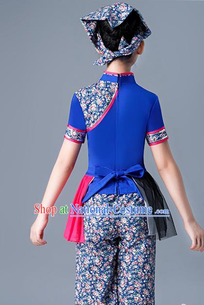 Chinese Village Girl Dance Dress Yangge Performance Clothing Children Yangko Dance Blue Uniforms Folk Dance Costumes