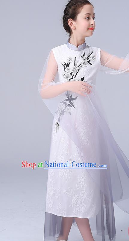 China Palace Fan Dance Clothing Jasmine Flowers Dance White Dress Children Classical Dance Costumes Girl Stage Performance Dancewear