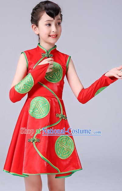 Chinese Folk Dance Costumes Girl Drum Dance Red Dress Yangge Performance Clothing Children Yangko Dance Uniforms