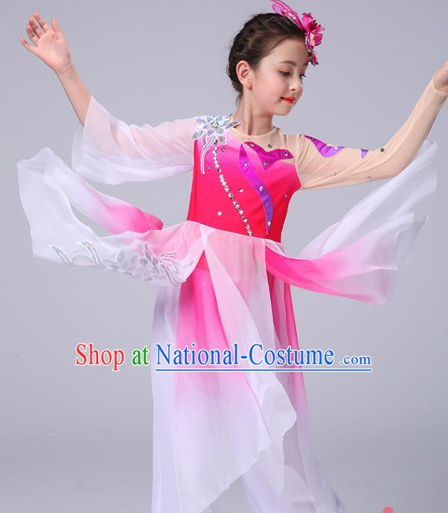 China Girl Stage Performance Dancewear Umbrella Dance Clothing Jasmine Flowers Dance Rosy Dress Children Classical Dance Costumes