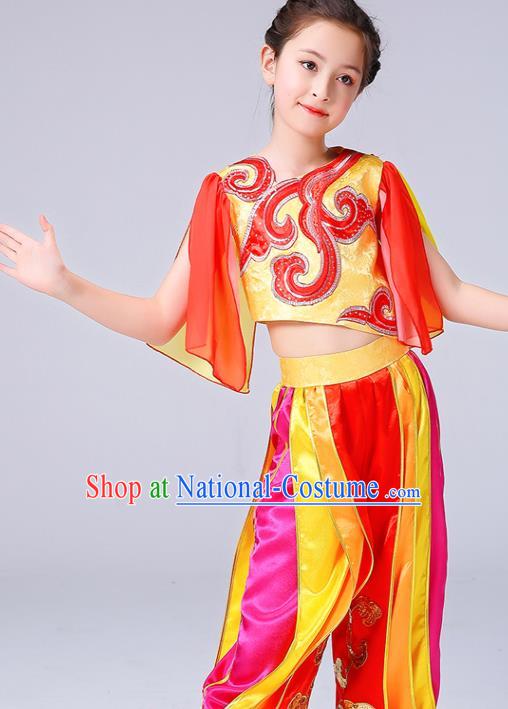 Chinese Children Yangko Dance Red Uniforms Folk Dance Costumes Girl Drum Dance Dress Yangge Performance Clothing