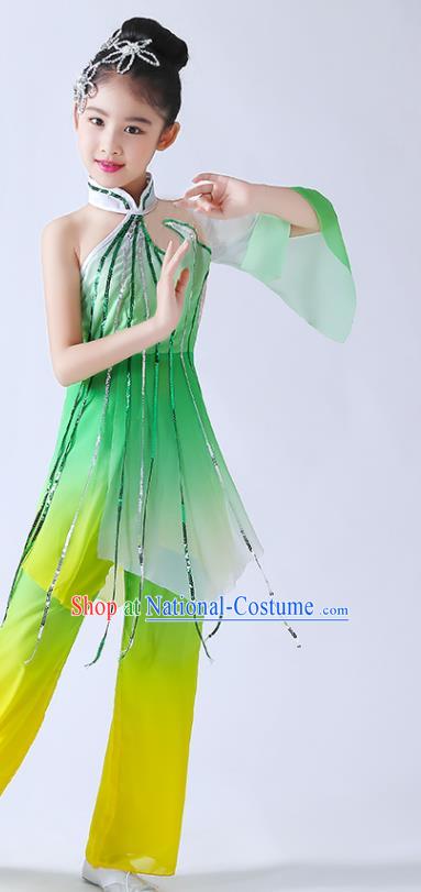 China Children Classical Dance Costumes Girl Stage Performance Dancewear Umbrella Dance Clothing Jasmine Flowers Dance Green Chiffon Uniforms