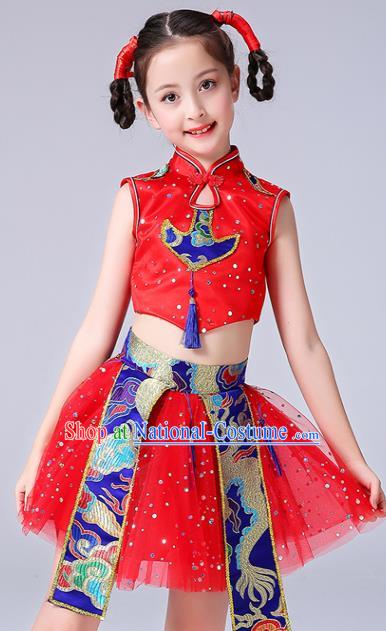 Chinese Girl Drum Dance Red Dress Yangge Performance Clothing Children Yangko Dance Uniforms Folk Dance Costumes