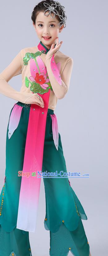 Chinese Children Yangko Dance Uniforms Folk Dance Costumes Girl Lotus Dance Dress New Year Performance Green Clothing