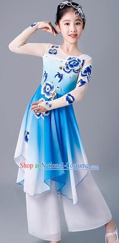 China Stage Performance Dancewear Girl Umbrella Dance Clothing Fan Dance Blue Uniforms Children Classical Dance Costumes