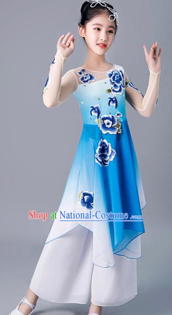 China Stage Performance Dancewear Girl Umbrella Dance Clothing Fan Dance Blue Uniforms Children Classical Dance Costumes