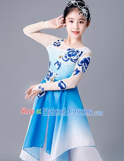 China Stage Performance Dancewear Girl Umbrella Dance Clothing Fan Dance Blue Uniforms Children Classical Dance Costumes