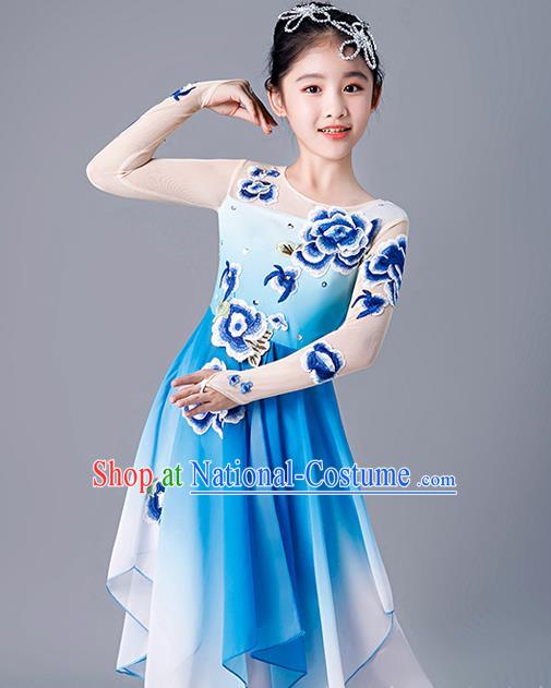 China Stage Performance Dancewear Girl Umbrella Dance Clothing Fan Dance Blue Uniforms Children Classical Dance Costumes