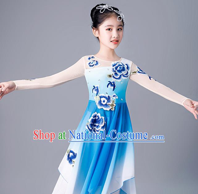 China Stage Performance Dancewear Girl Umbrella Dance Clothing Fan Dance Blue Uniforms Children Classical Dance Costumes