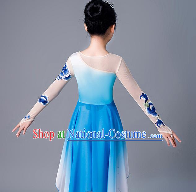 China Stage Performance Dancewear Girl Umbrella Dance Clothing Fan Dance Blue Uniforms Children Classical Dance Costumes