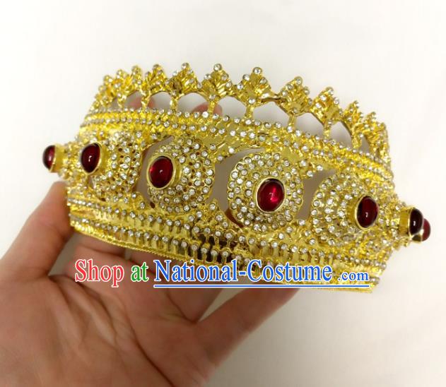 Asian Stage Performance Hair Accessories Thailand Queen Golden Royal Crown Folk Dance Tiara Headpiece