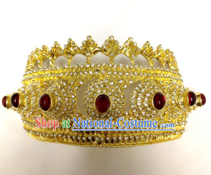 Asian Stage Performance Hair Accessories Thailand Queen Golden Royal Crown Folk Dance Tiara Headpiece