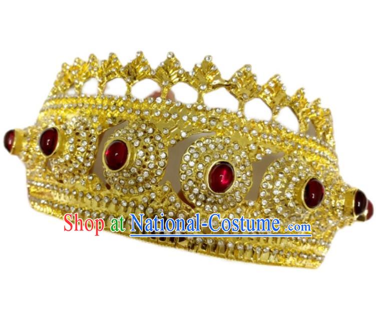 Asian Stage Performance Hair Accessories Thailand Queen Golden Royal Crown Folk Dance Tiara Headpiece