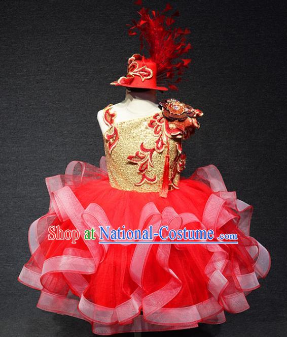 Top Catwalks Red Veil Flower Dress Christmas Evening Wear Children Stage Show Clothing Girl Compere Formal Garment