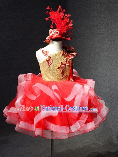 Top Catwalks Red Veil Flower Dress Christmas Evening Wear Children Stage Show Clothing Girl Compere Formal Garment