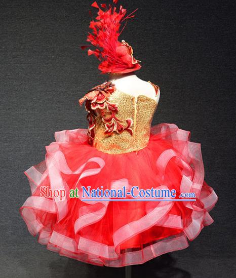 Top Catwalks Red Veil Flower Dress Christmas Evening Wear Children Stage Show Clothing Girl Compere Formal Garment