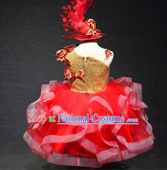 Top Catwalks Red Veil Flower Dress Christmas Evening Wear Children Stage Show Clothing Girl Compere Formal Garment