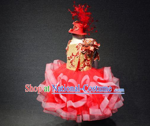 Top Catwalks Red Veil Flower Dress Christmas Evening Wear Children Stage Show Clothing Girl Compere Formal Garment