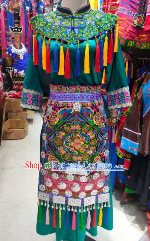 Chinese Dong Nationality Folk Dance Clothing Guizhou Festival Garments Minority Wedding Bride Green Dress Outfits