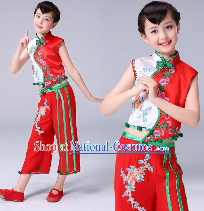 Chinese New Year Performance Clothing Children Yangko Dance Red Uniforms Folk Dance Costumes Girl Fan Dance Dress