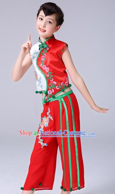 Chinese New Year Performance Clothing Children Yangko Dance Red Uniforms Folk Dance Costumes Girl Fan Dance Dress