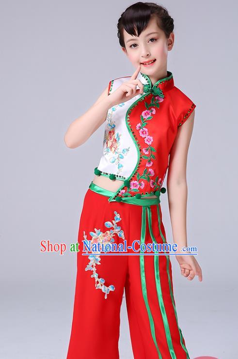 Chinese New Year Performance Clothing Children Yangko Dance Red Uniforms Folk Dance Costumes Girl Fan Dance Dress