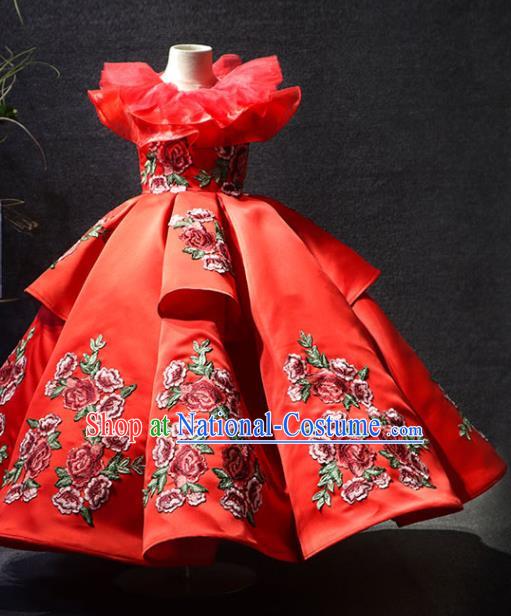 Top Girl Compere Formal Garment Catwalks Embroidered Red Full Dress Christmas Evening Wear Children Stage Show Clothing