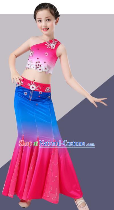 Chinese Dai Nationality Peacock Dance Clothing Ethnic Children Pavane Performance Garments Yunnan Minority Girl Dance Rosy Dress Outfits