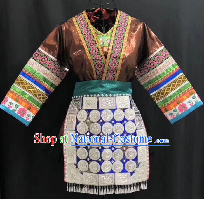 Chinese Minority Performance Brown Short Dress Outfits Dong Nationality Folk Dance Clothing Guizhou Ethnic Festival Garments