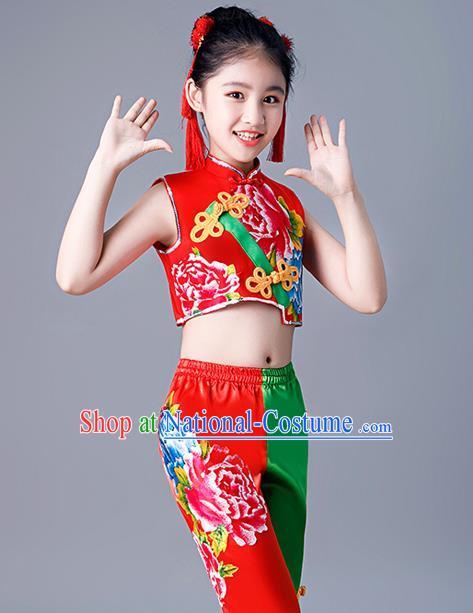 Chinese Girl Drum Dance Dress New Year Performance Clothing Children Yangko Dance Uniforms Folk Dance Costumes