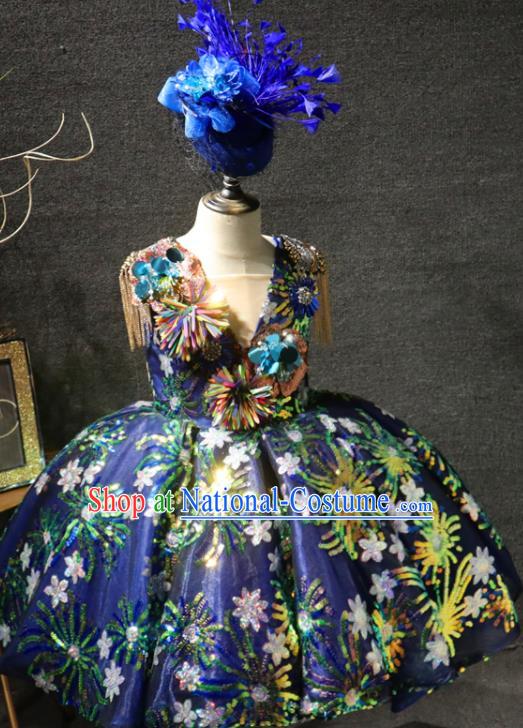 Top Catwalks Sequins Flowers Royalblue Full Dress Christmas Baroque Evening Wear Children Performance Clothing Girl Compere Formal Garment