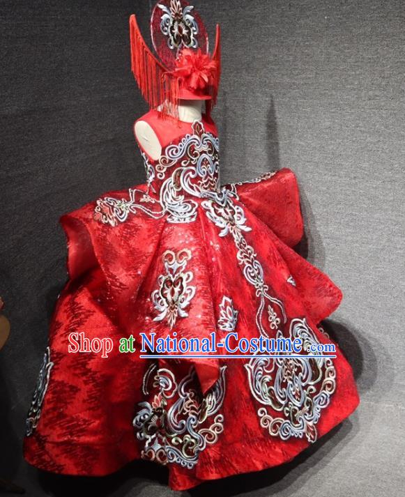 Top Girl Compere Formal Garment Catwalks Embroidered Red Full Dress Christmas Baroque Evening Wear Children Performance Clothing