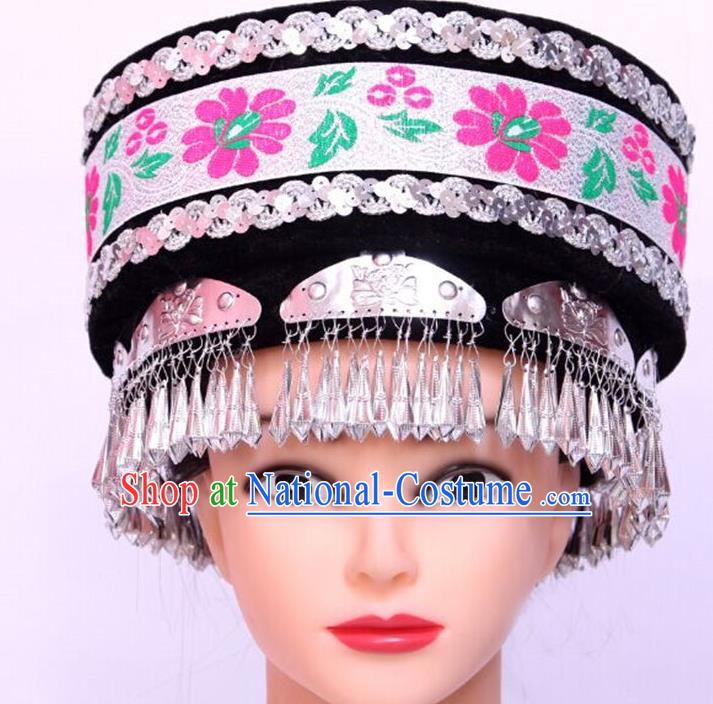 Chinese Handmade Ethnic Woman Festival Headpiece Yi Nationality Performance Black Hat Tujia Minority Folk Dance Headdress