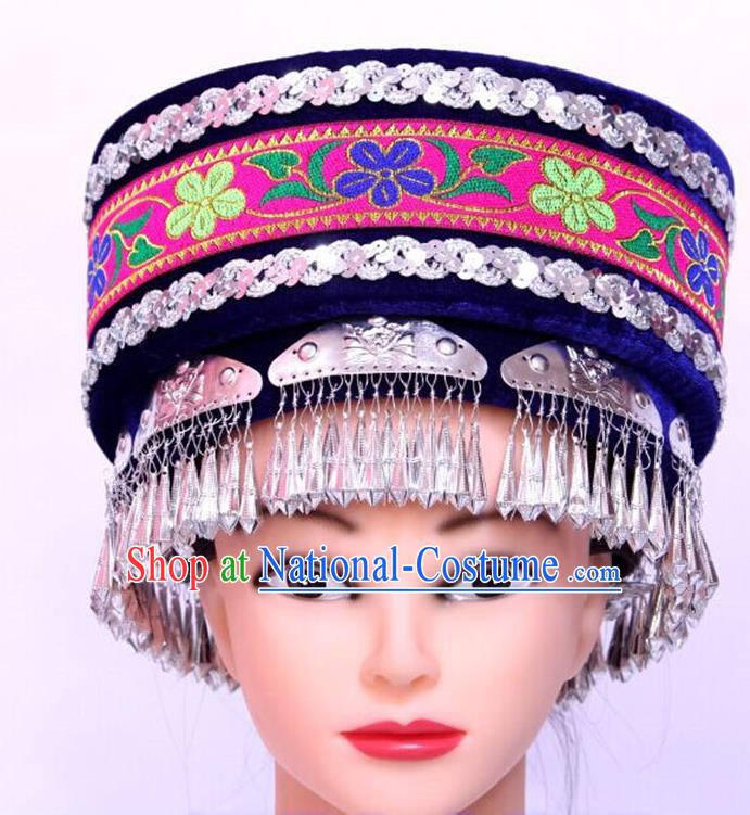 Chinese Tujia Minority Folk Dance Headdress Handmade Ethnic Woman Festival Headpiece Yi Nationality Performance Royalblue Hat