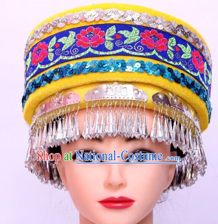 Chinese Yi Nationality Festival Yellow Hat Tujia Minority Folk Dance Headdress Handmade Ethnic Stage Performance Headpiece