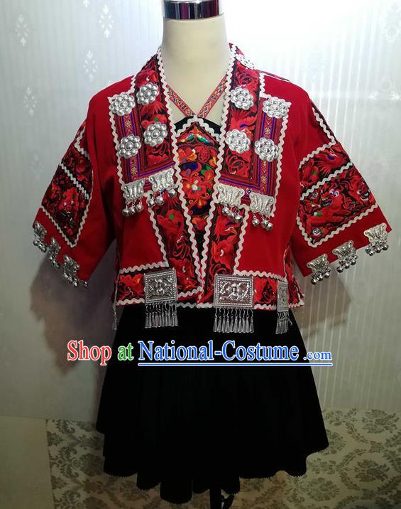 Chinese Guizhou Ethnic Festival Garments Minority Woman Performance Red Short Dress Outfits Dong Nationality Folk Dance Clothing