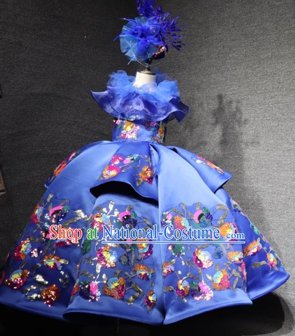 Top Children Performance Clothing Girl Compere Formal Garment Catwalks Embroidered Royalblue Full Dress Christmas Baroque Evening Wear